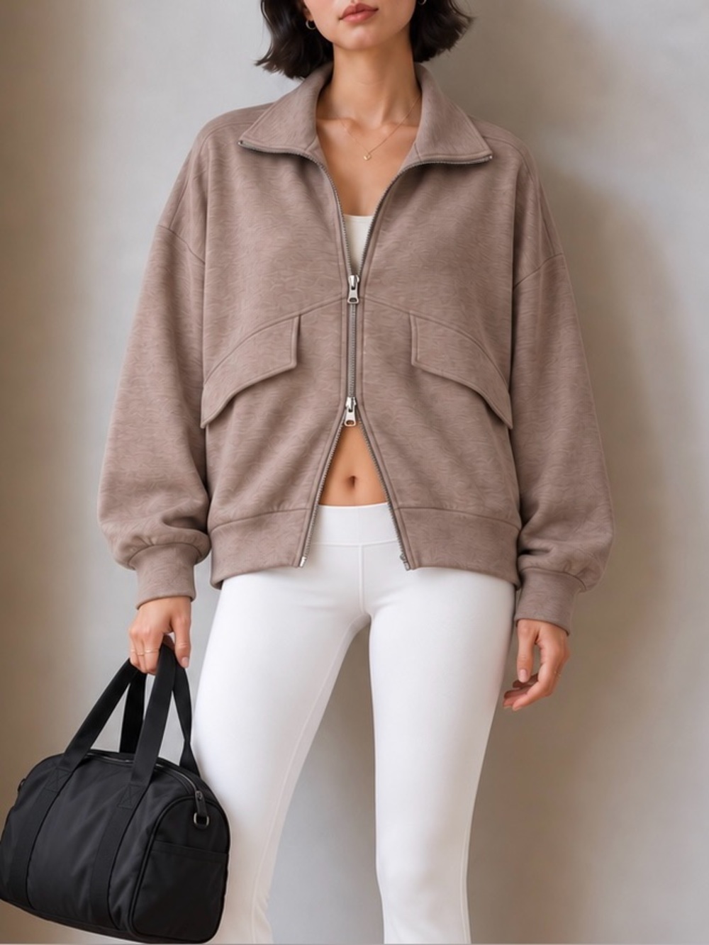 Varley Garcia DoubleSoft Zip Through Sweat Taupe Marl Medium Neutral Minimalist